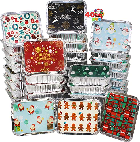 JOYIN 40 Pieces Christmas Foil Containers with Lid, 8 Holiday Designs, 7"x5.5"x2" Christmas Small Gift Bags Santa Sacks, for Holiday Leftovers Goodie Container or Cookie Exchange