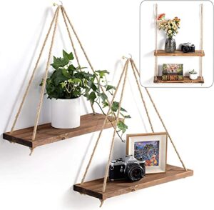 core art hanging shelves for wall boho window plant rope shelves, macrame wall hanging shelf wooden, brown rustic set of 2