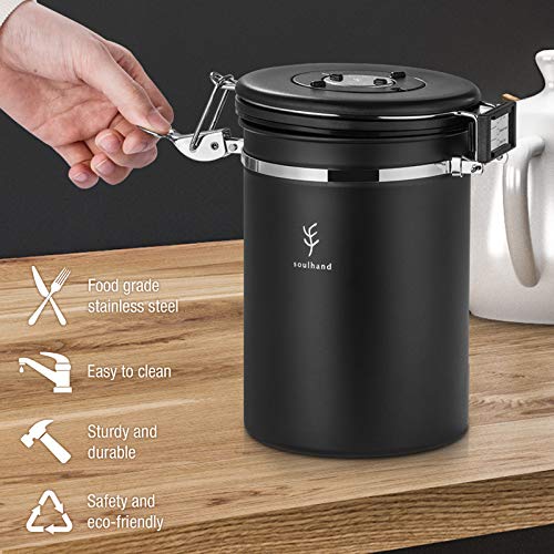 Soulhand Coffee Canister, Stainless Steel Airtight Coffee Storage Container with Scoop, Date Tracker and Information Card, Coffee Canister Coffee Accessories for Beans, Sugar and Tea-22oz/660g(Black)