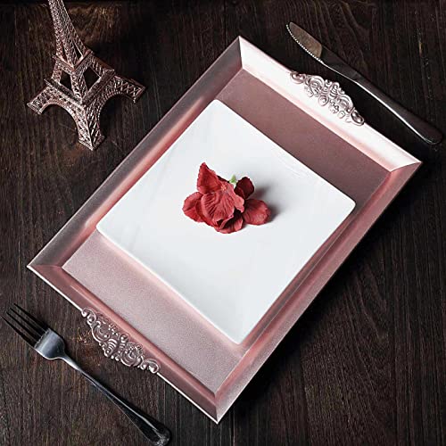 Efavormart 2 PCS - 14"x10" Rose Gold Square Decorative Plastic Serving Trays With Embossed Rims