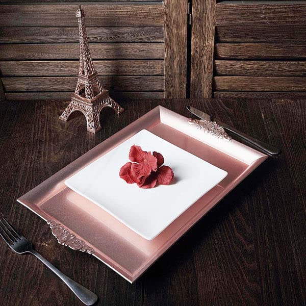 Efavormart 2 PCS - 14"x10" Rose Gold Square Decorative Plastic Serving Trays With Embossed Rims