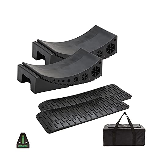 Homeon Wheels Camper Leveler, RV Leveling Blocks Work for RV Include 2Curved Levelers,2Chocks with Built-in Handle,2Mats,1Level and Bag,Easily Level up Travel Trailer Up to 35,000LBS(2-Pack) Black