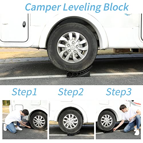 Homeon Wheels Camper Leveler, RV Leveling Blocks Work for RV Include 2Curved Levelers,2Chocks with Built-in Handle,2Mats,1Level and Bag,Easily Level up Travel Trailer Up to 35,000LBS(2-Pack) Black