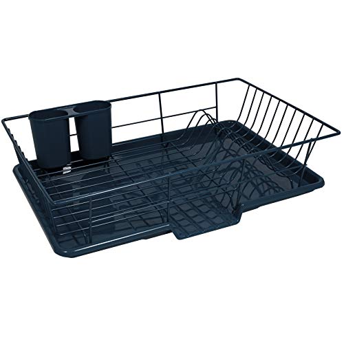 Sweet Home Collection 3 Piece Dish Drainer Rack Set with Drying Board and Utensil Holder, 12" x 19" x 5", Navy