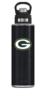 tervis triple walled nfl green bay packers insulated tumbler cup keeps drinks cold & hot, 40oz wide mouth bottle - stainless steel, black leather