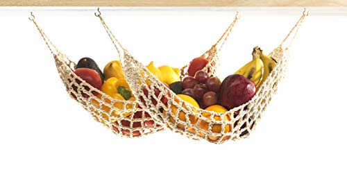 2 Pack Hanging Fruit Hammock - 2 Handwoven Cotton Produce, Banana, Macrame Fruit Hammocks For Kitchen Under Cabinet + 4 PCS Hooks - Storage That Saves Counter Space at Home, Boat, or Rv