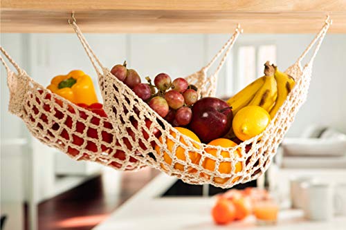 2 Pack Hanging Fruit Hammock - 2 Handwoven Cotton Produce, Banana, Macrame Fruit Hammocks For Kitchen Under Cabinet + 4 PCS Hooks - Storage That Saves Counter Space at Home, Boat, or Rv