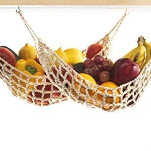 2 Pack Hanging Fruit Hammock - 2 Handwoven Cotton Produce, Banana, Macrame Fruit Hammocks For Kitchen Under Cabinet + 4 PCS Hooks - Storage That Saves Counter Space at Home, Boat, or Rv