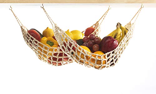 2 Pack Hanging Fruit Hammock - 2 Handwoven Cotton Produce, Banana, Macrame Fruit Hammocks For Kitchen Under Cabinet + 4 PCS Hooks - Storage That Saves Counter Space at Home, Boat, or Rv