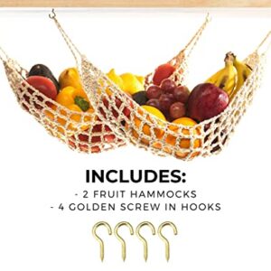 2 Pack Hanging Fruit Hammock - 2 Handwoven Cotton Produce, Banana, Macrame Fruit Hammocks For Kitchen Under Cabinet + 4 PCS Hooks - Storage That Saves Counter Space at Home, Boat, or Rv