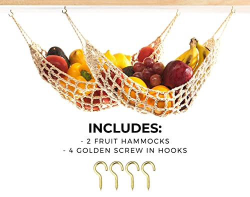 2 Pack Hanging Fruit Hammock - 2 Handwoven Cotton Produce, Banana, Macrame Fruit Hammocks For Kitchen Under Cabinet + 4 PCS Hooks - Storage That Saves Counter Space at Home, Boat, or Rv