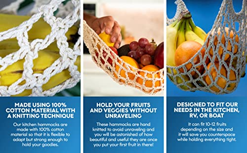 2 Pack Hanging Fruit Hammock - 2 Handwoven Cotton Produce, Banana, Macrame Fruit Hammocks For Kitchen Under Cabinet + 4 PCS Hooks - Storage That Saves Counter Space at Home, Boat, or Rv