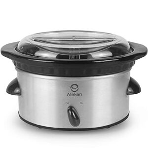 Ateken Supper Mini Slow Cooker 2x0.5 Quart Oval Double-Flavor Black Ceramic Pot Stainless Steel Silver Suit for Dipping Sauce