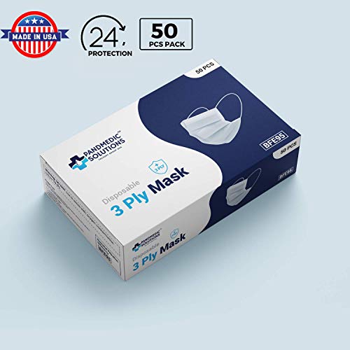 PandMedic Disposable Face Mask MADE in USA | Premium Medical American 3 Ply Safety Face Masks Breathable With Elastic Ear Loops - 50ct Box