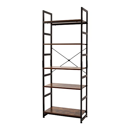 AZL1 Life Concept Bookshelf Rack 5 Tier Vintage Bookcase Shelf Organizer Modern Wood Look Accent Metal Frame Furniture Home Office,Rustic Brown