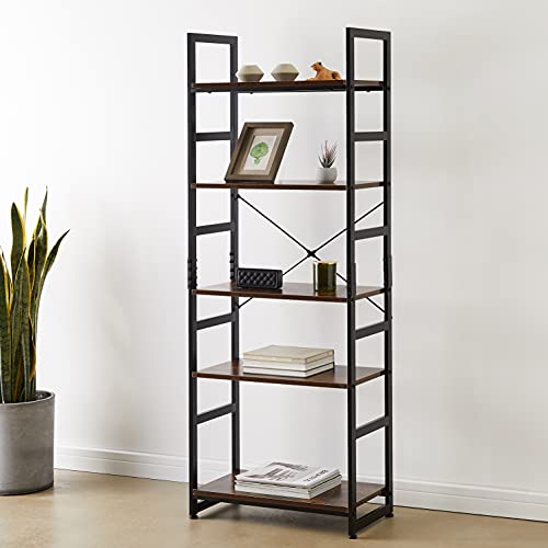 AZL1 Life Concept Bookshelf Rack 5 Tier Vintage Bookcase Shelf Organizer Modern Wood Look Accent Metal Frame Furniture Home Office,Rustic Brown