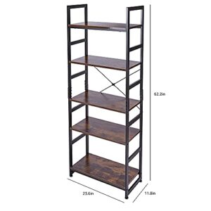 AZL1 Life Concept Bookshelf Rack 5 Tier Vintage Bookcase Shelf Organizer Modern Wood Look Accent Metal Frame Furniture Home Office,Rustic Brown