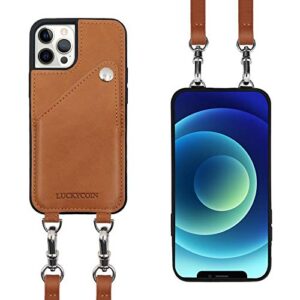 LUCKYCOIN Compatible with iPhone 12/12 Pro Case Leather Crossbody Adjustable & Detachable Strap Phone Cover with Card Holders Portable Protective Case for iPhone 12/12 Pro 6.1 inch Brown