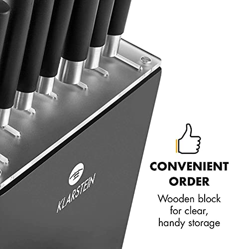 KLARSTEIN Kitano - 8 Piece Professional Chef Kitchen Knives Set with Block, Stainless Steel Blades, Anti-Slip Handles, Japanese Design, Touch of Far East - Piano Black