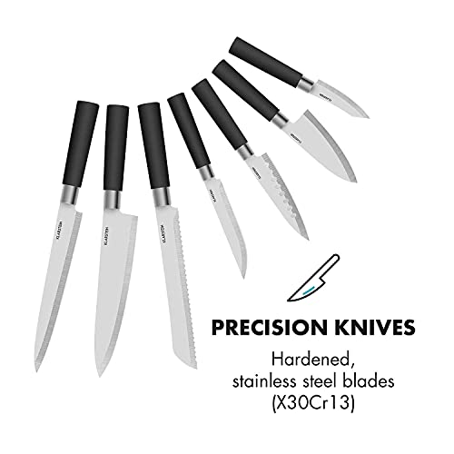 KLARSTEIN Kitano - 8 Piece Professional Chef Kitchen Knives Set with Block, Stainless Steel Blades, Anti-Slip Handles, Japanese Design, Touch of Far East - Piano Black