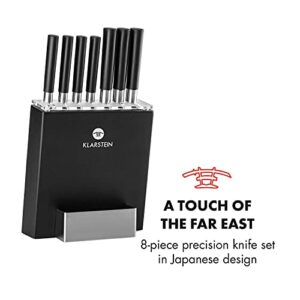 KLARSTEIN Kitano - 8 Piece Professional Chef Kitchen Knives Set with Block, Stainless Steel Blades, Anti-Slip Handles, Japanese Design, Touch of Far East - Piano Black