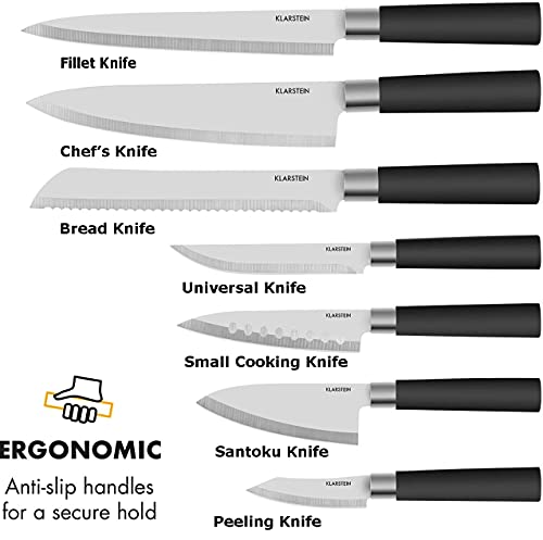 KLARSTEIN Kitano - 8 Piece Professional Chef Kitchen Knives Set with Block, Stainless Steel Blades, Anti-Slip Handles, Japanese Design, Touch of Far East - Piano Black