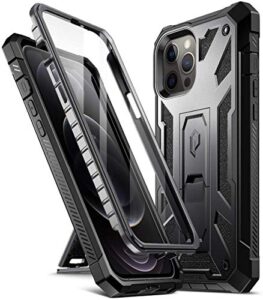 poetic spartan series for iphone 12 pro max 6.7 inch case, full-body rugged dual-layer metallic color accent with premium leather texture shockproof protective cover with kickstand, metallic gun metal
