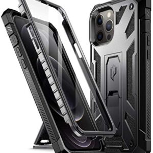 Poetic Spartan Series for iPhone 12 Pro Max 6.7 inch Case, Full-Body Rugged Dual-Layer Metallic Color Accent with Premium Leather texture Shockproof Protective Cover with Kickstand, Metallic Gun Metal