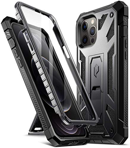 Poetic Spartan Series for iPhone 12 Pro Max 6.7 inch Case, Full-Body Rugged Dual-Layer Metallic Color Accent with Premium Leather texture Shockproof Protective Cover with Kickstand, Metallic Gun Metal