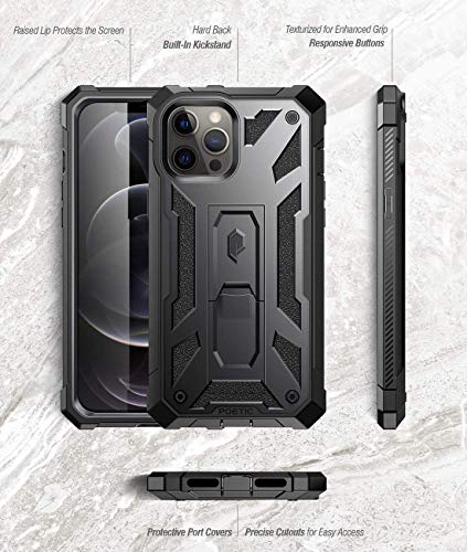 Poetic Spartan Series for iPhone 12 Pro Max 6.7 inch Case, Full-Body Rugged Dual-Layer Metallic Color Accent with Premium Leather texture Shockproof Protective Cover with Kickstand, Metallic Gun Metal