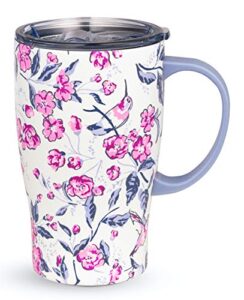 vera bradley insulated coffee mug with handle, 18 ounce stainless steel tumbler with lid, pink floral metal thermal cup, hummingbird ditsy