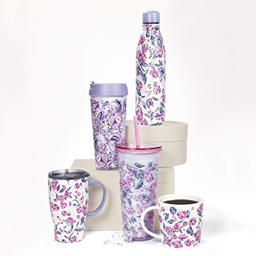 Vera Bradley Insulated Coffee Mug with Handle, 18 Ounce Stainless Steel Tumbler with Lid, Pink Floral Metal Thermal Cup, Hummingbird Ditsy