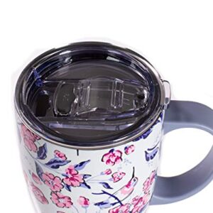 Vera Bradley Insulated Coffee Mug with Handle, 18 Ounce Stainless Steel Tumbler with Lid, Pink Floral Metal Thermal Cup, Hummingbird Ditsy