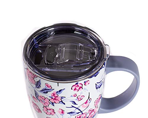 Vera Bradley Insulated Coffee Mug with Handle, 18 Ounce Stainless Steel Tumbler with Lid, Pink Floral Metal Thermal Cup, Hummingbird Ditsy