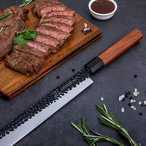 FAMCÜTE 12 Inch Slicing Carving Knife, 3 Layer 9CR18MOV Clad Steel w/octagon Handle brisket knife for Home Kitchen and Restaurant Slicing Brisket Turkey Meat