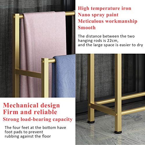 Free Standing Towel Holder Gold Towel Rack for Bathrooms with 2 Towel Rails Metal Floor Clothes Stand with Rust-Resistant Finish to Hang Towels Clothing and More