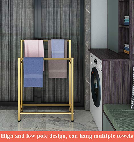 Free Standing Towel Holder Gold Towel Rack for Bathrooms with 2 Towel Rails Metal Floor Clothes Stand with Rust-Resistant Finish to Hang Towels Clothing and More