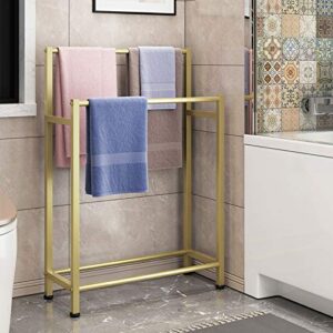 Free Standing Towel Holder Gold Towel Rack for Bathrooms with 2 Towel Rails Metal Floor Clothes Stand with Rust-Resistant Finish to Hang Towels Clothing and More