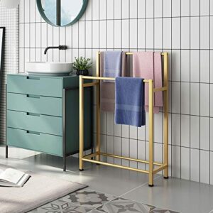 Free Standing Towel Holder Gold Towel Rack for Bathrooms with 2 Towel Rails Metal Floor Clothes Stand with Rust-Resistant Finish to Hang Towels Clothing and More