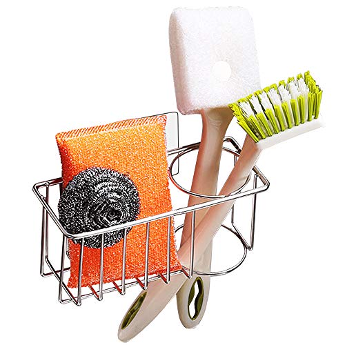 Adhesive Sponge Holder Brush Holder Sink Caddy Organizer Storage for Kitchen Sink, Stainless Steel Rustproof Waterproof No Drilling