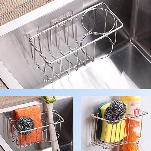 Adhesive Sponge Holder Brush Holder Sink Caddy Organizer Storage for Kitchen Sink, Stainless Steel Rustproof Waterproof No Drilling