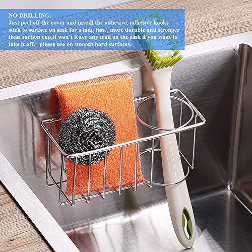 Adhesive Sponge Holder Brush Holder Sink Caddy Organizer Storage for Kitchen Sink, Stainless Steel Rustproof Waterproof No Drilling