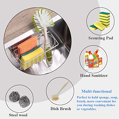 Adhesive Sponge Holder Brush Holder Sink Caddy Organizer Storage for Kitchen Sink, Stainless Steel Rustproof Waterproof No Drilling