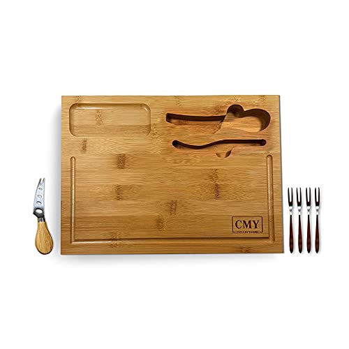 CMY COLLECTIONS Charcuterie Board, Cheese Server, Bamboo Cheese Board and Knife Set, Cheese Plate, Cheese Platter, Serving Tray - Reversible 2-in-1.