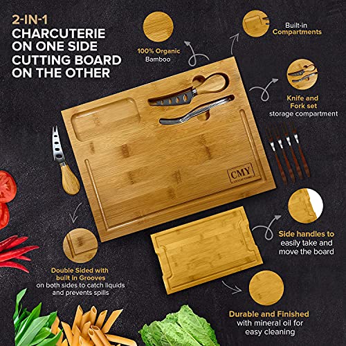 CMY COLLECTIONS Charcuterie Board, Cheese Server, Bamboo Cheese Board and Knife Set, Cheese Plate, Cheese Platter, Serving Tray - Reversible 2-in-1.