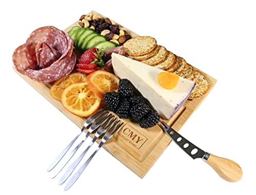 CMY COLLECTIONS Charcuterie Board, Cheese Server, Bamboo Cheese Board and Knife Set, Cheese Plate, Cheese Platter, Serving Tray - Reversible 2-in-1.