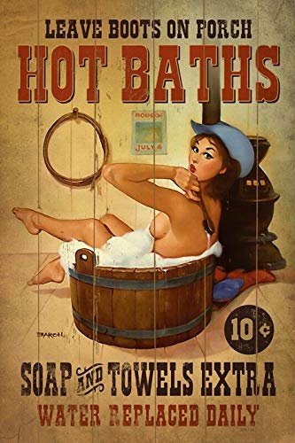 annekilly Vintage Hot Baths Country Western Old West Cowgirl Pin Up Girl Sexy Girl Man Cave Metal Tin Sign Home Bar Kitchen Restaurant Wall Deocr Plaque Signs 12x8inch