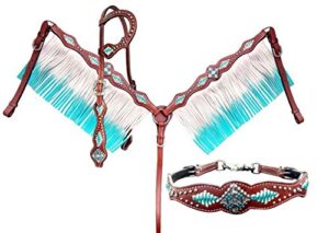 turquoise and white leather laced one ear 4 piece headstall and breast collar set with fringe.