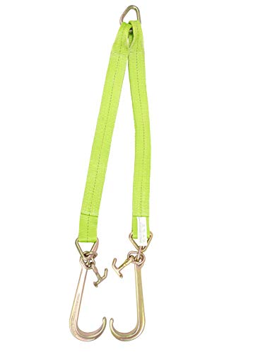 Mytee Products V Bridle Tow Strap 3" x 36" w/ 15" J Hook w/T-J Hooks, Hi VIZ/High Abrasion Green Webbing, 5400 lbs WLL | Recovery V-Strap w/Reinforced Webbing for Towing, Car Wrecker, Rollback