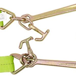 Mytee Products V Bridle Tow Strap 3" x 36" w/ 15" J Hook w/T-J Hooks, Hi VIZ/High Abrasion Green Webbing, 5400 lbs WLL | Recovery V-Strap w/Reinforced Webbing for Towing, Car Wrecker, Rollback